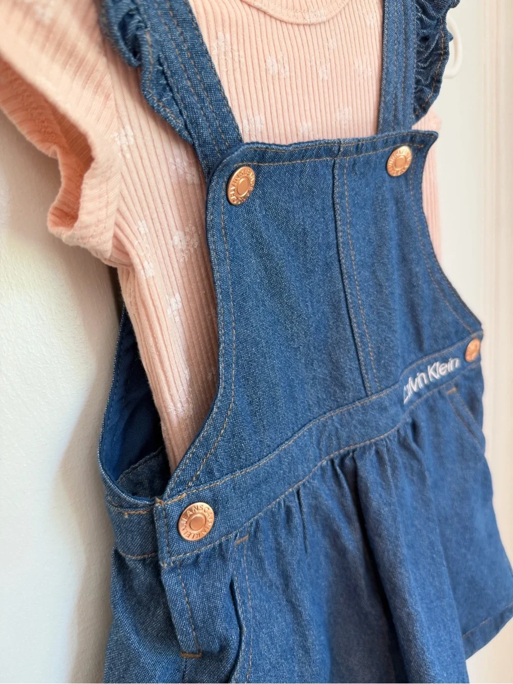Calvin Klein Blue Denim Pinafore with Pink Floral Bodysuit 18M